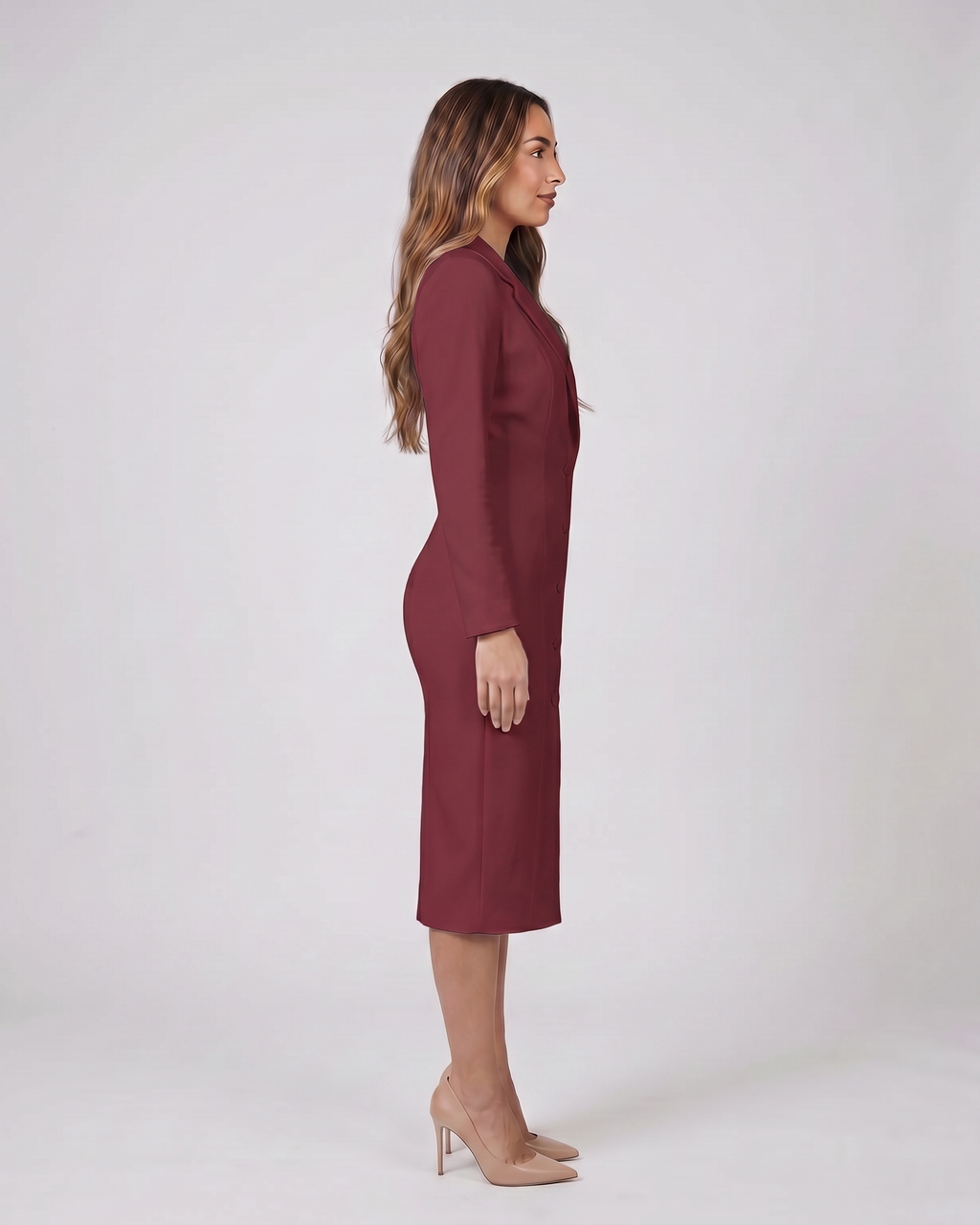 Side view of wine red formal long sleeve v neck midi dress