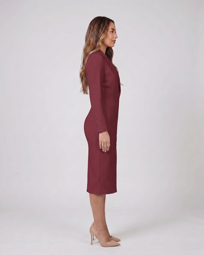 Side view of wine red formal long sleeve v neck midi dress
