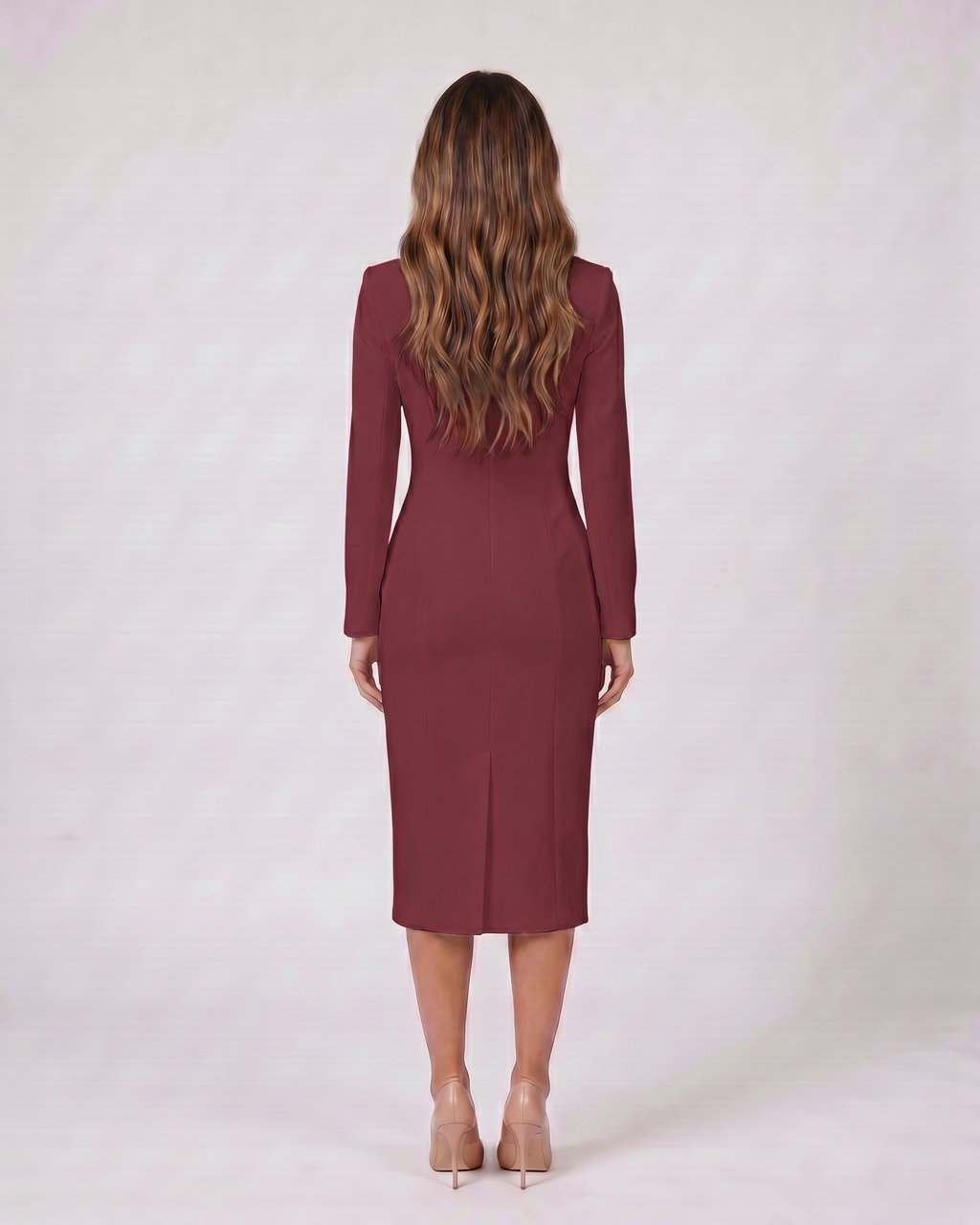 Back view of wine red formal long sleeve v neck midi dress showing solid back with center back kick vent at hem