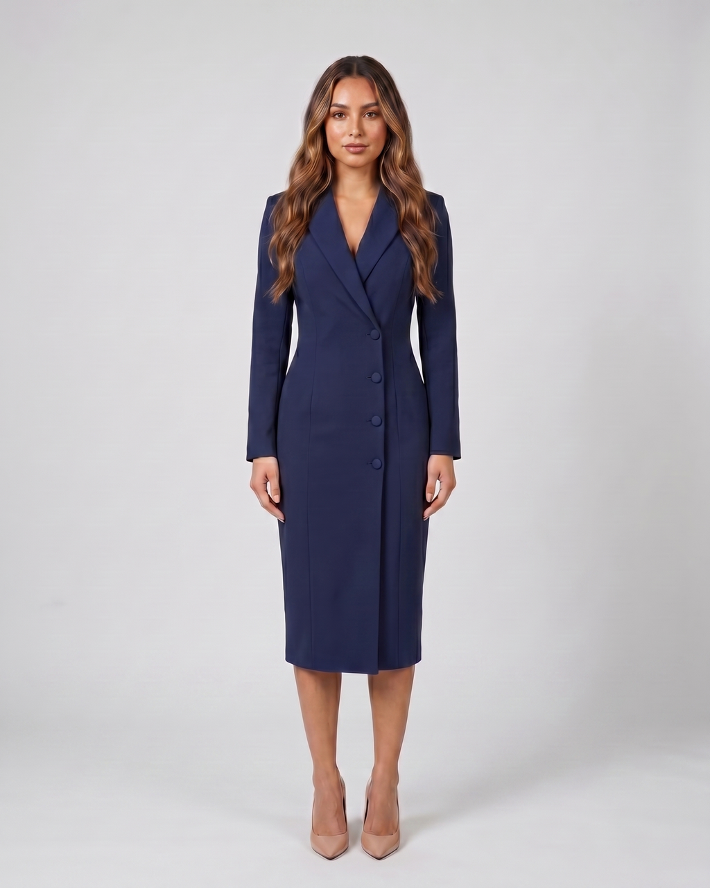 navy blue formal long sleeve v neck midi dress front view