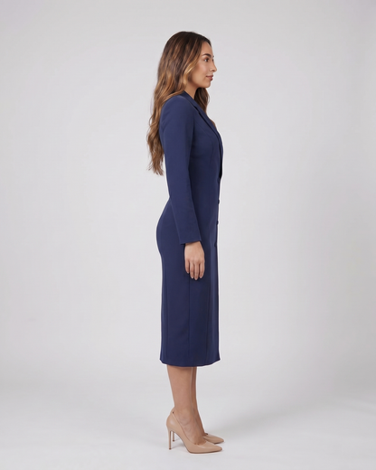 Side view of navy blue formal long sleeve v neck midi dress