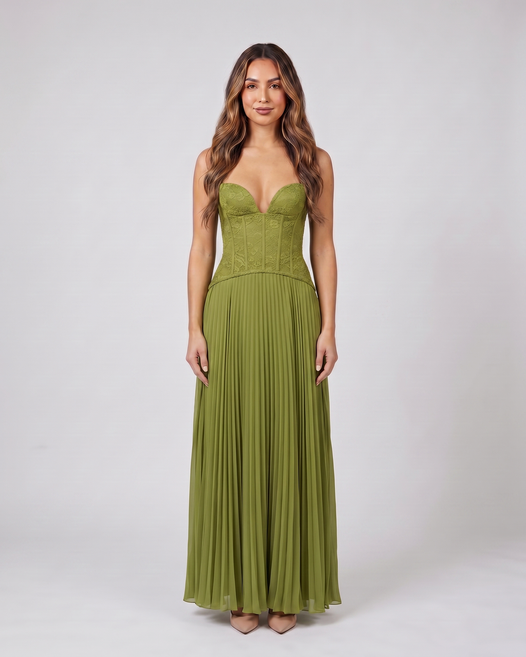 green formal sweetheart sleeveless maxi dress front view with tonal floral embroidery