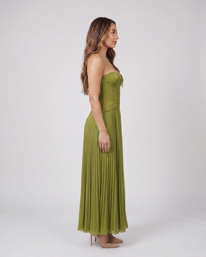 Side view of green formal sweetheart sleeveless maxi dress