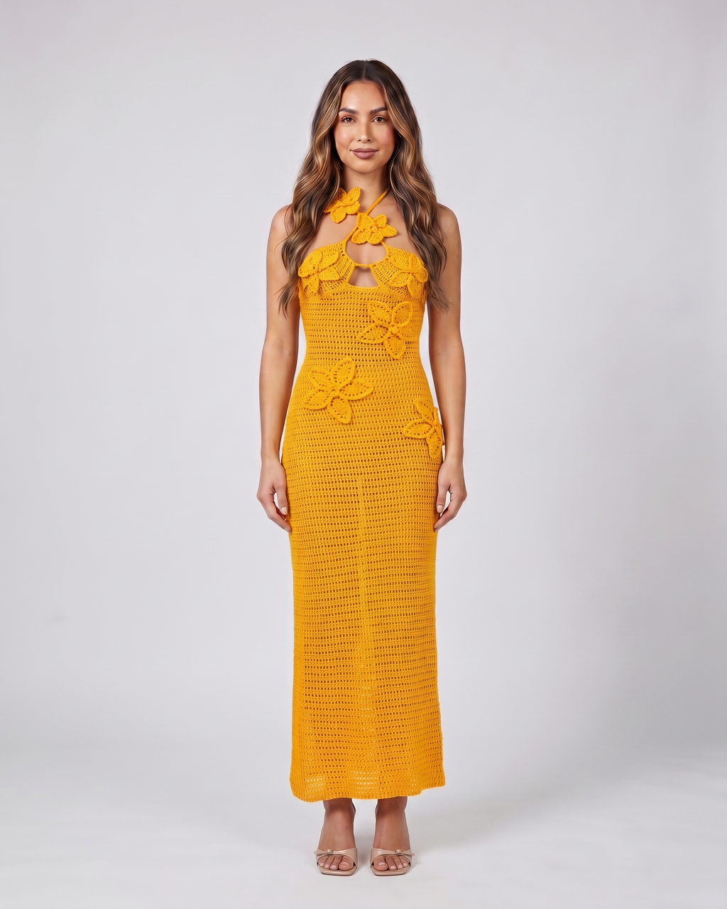 orange halter floral applique crochet maxi dress front view with 3D crochet floral appliques and 3D crochet butterfly appliques