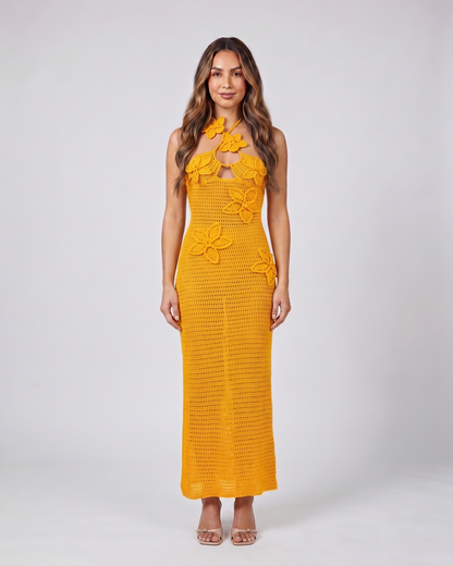 orange halter floral applique crochet maxi dress front view with 3D crochet floral appliques and 3D crochet butterfly appliques