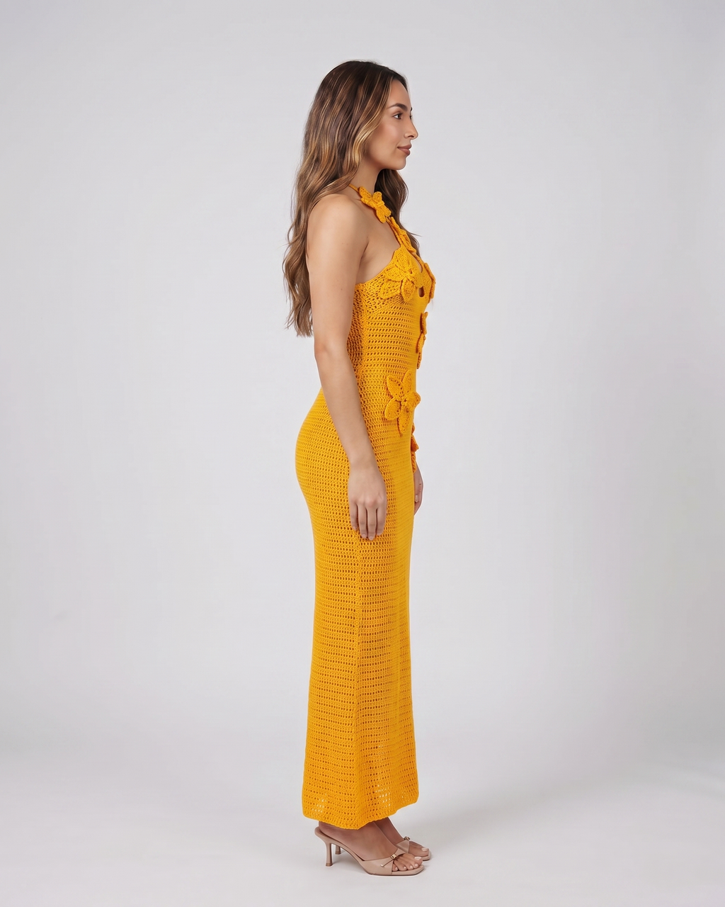Women Halter Floral Applique Crochet Maxi Dress