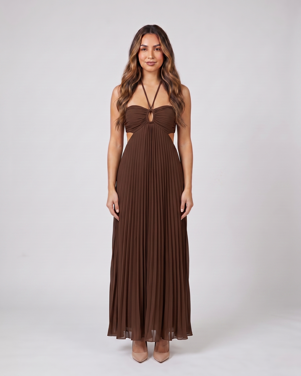 dark brown halter pleated with cutout maxi dress front view