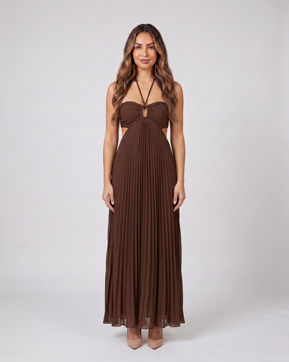 dark brown halter pleated with cutout maxi dress front view