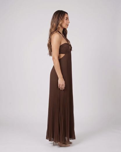 Side view of dark brown halter pleated with cutout maxi dress
