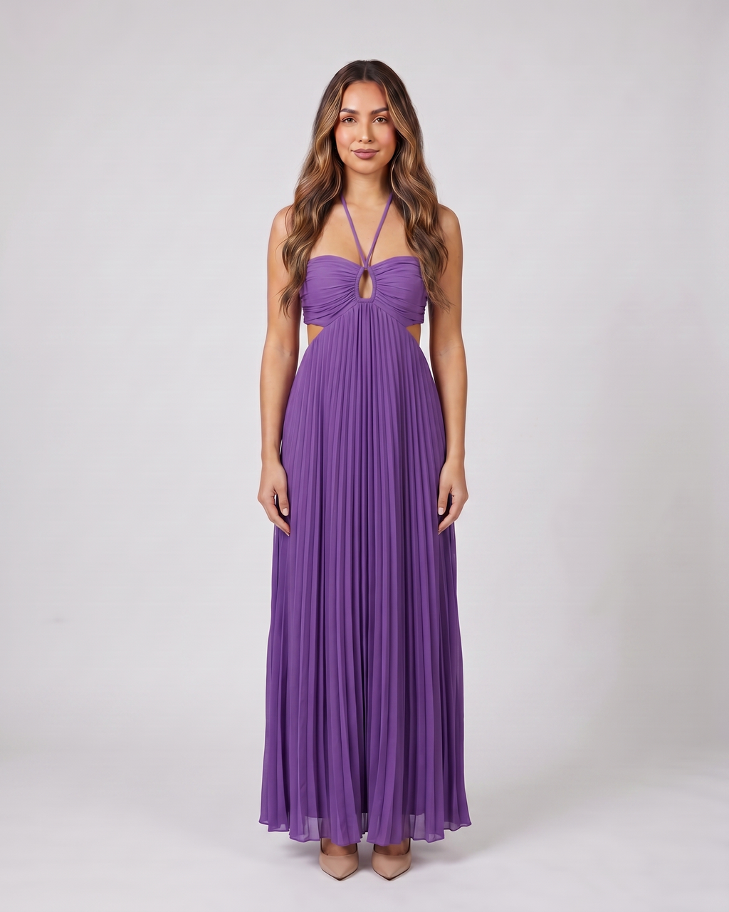 purple halter pleated with cutout maxi dress front view
