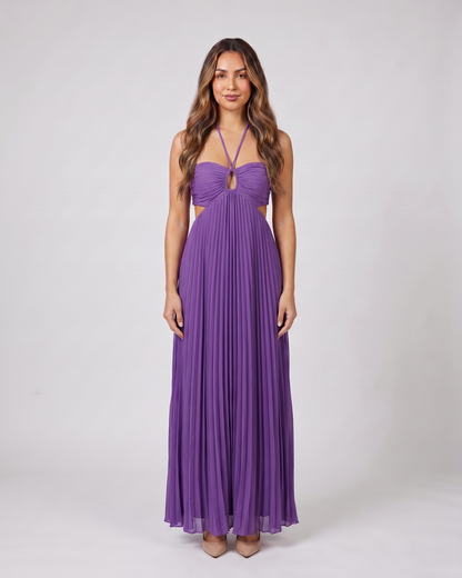 purple halter pleated with cutout maxi dress front view