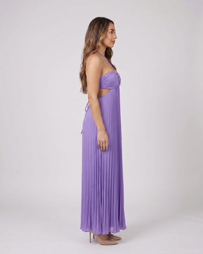 Side view of purple halter pleated with cutout maxi dress