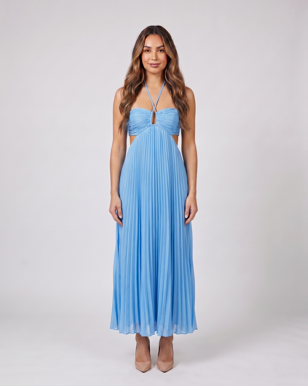 blue halter pleated with cutout maxi dress front view
