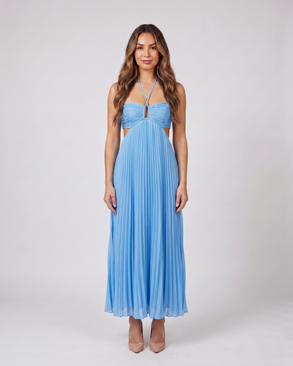 blue halter pleated with cutout maxi dress front view