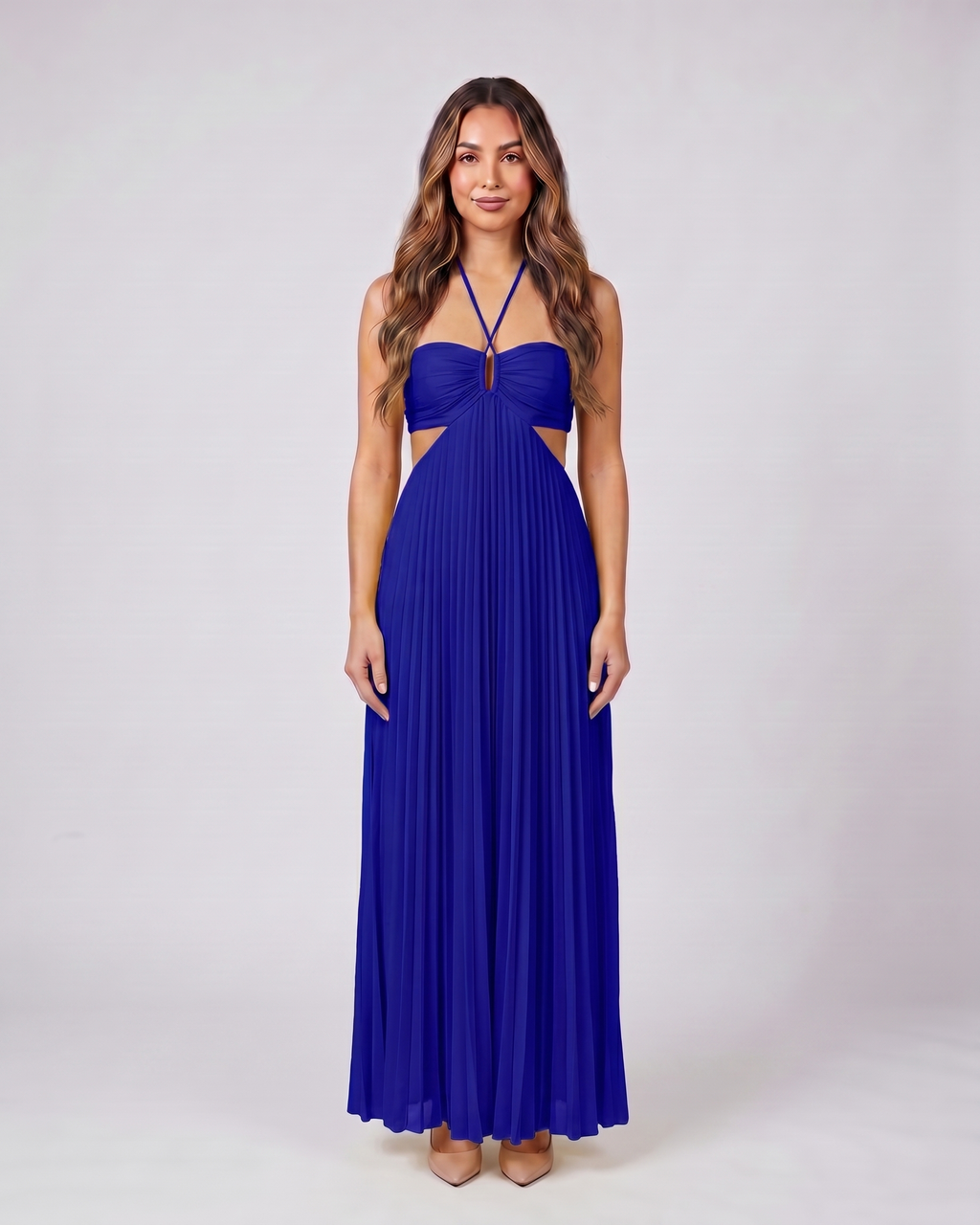 dark blue halter pleated with cutout maxi dress front view