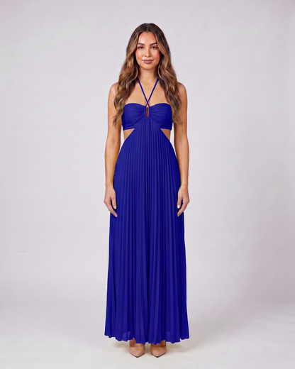 dark blue halter pleated with cutout maxi dress front view