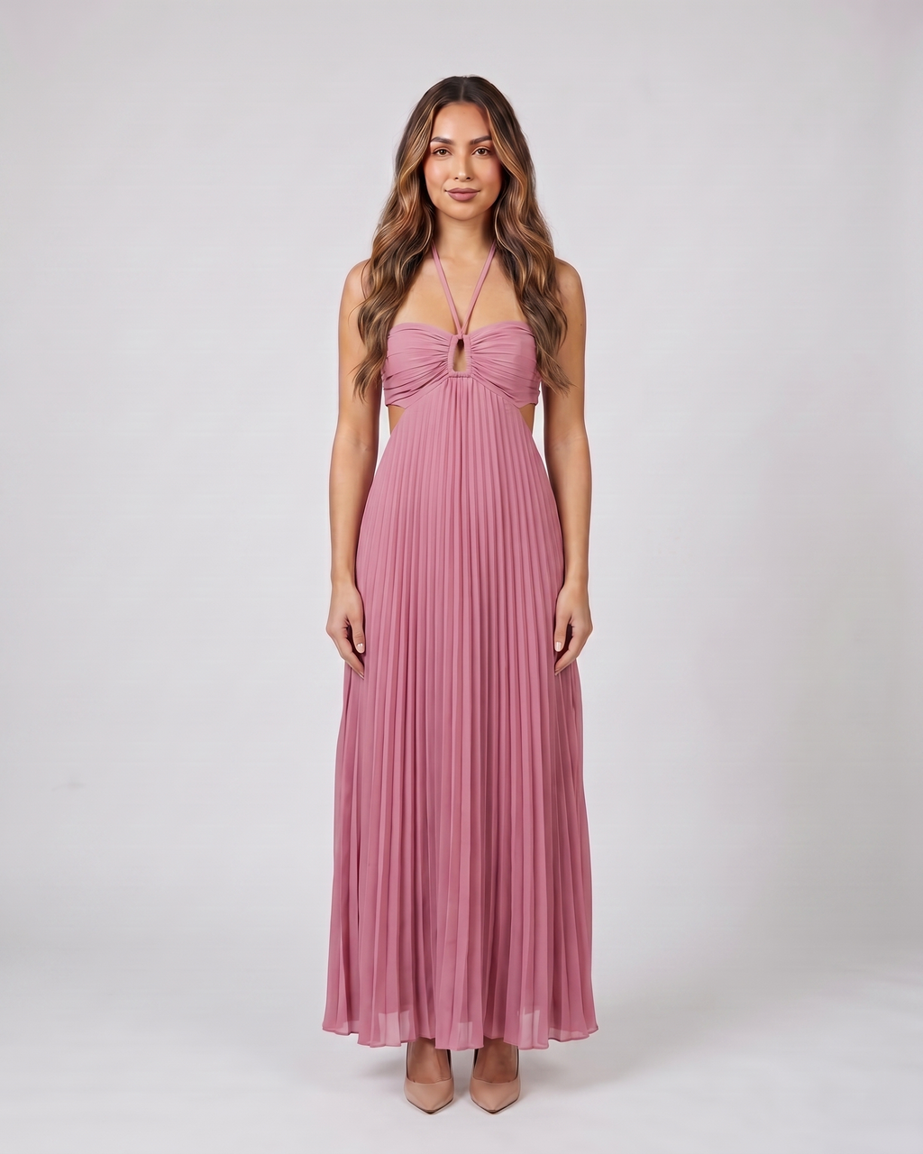 pink halter pleated with cutout maxi dress front view