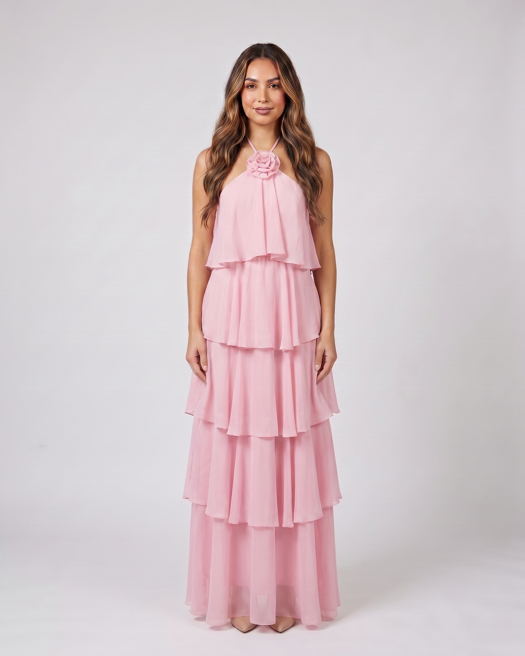 pink halter rosette tiered maxi dress front view with rosette