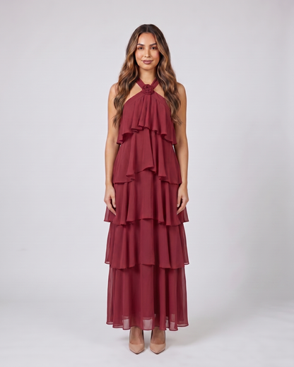 red halter rosette tiered maxi dress front view with rosette