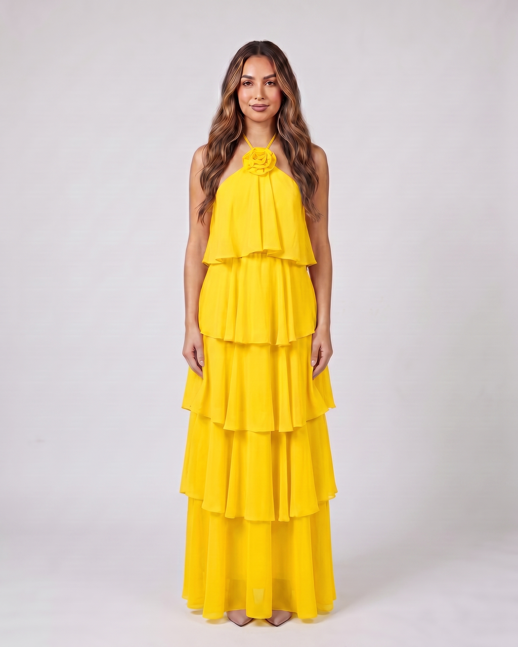 yellow halter rosette tiered maxi dress front view with rosette
