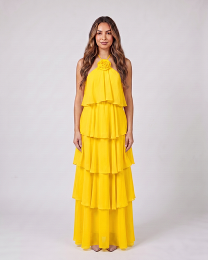 yellow halter rosette tiered maxi dress front view with rosette