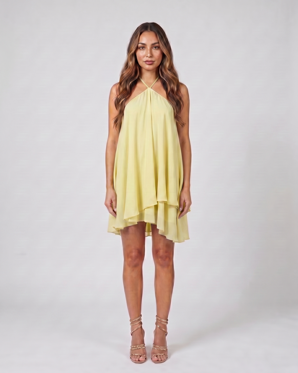 light yellow halter sleeveless asymmetric mini dress front view