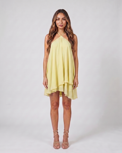 light yellow halter sleeveless asymmetric mini dress front view