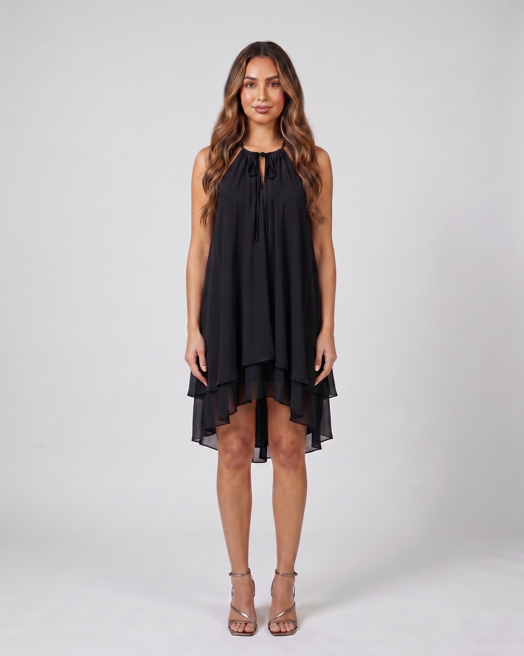 black halter sleeveless asymmetric mini dress front view