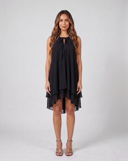black halter sleeveless asymmetric mini dress front view