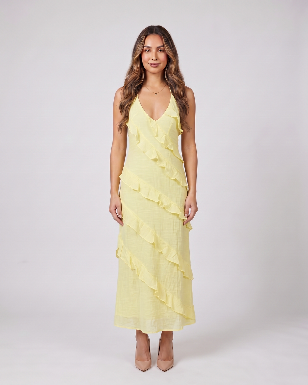 lemon halter v neck tiered ruffle maxi dress front view