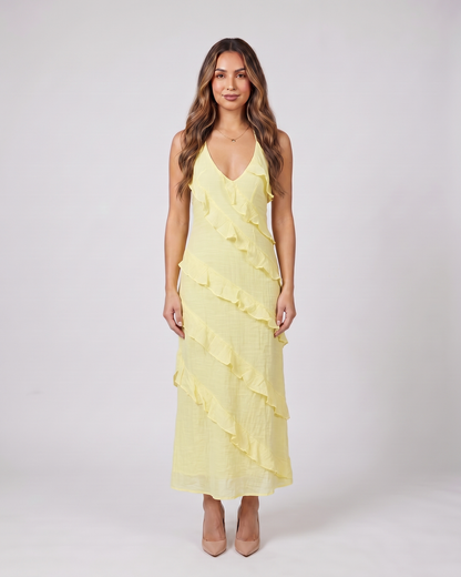 lemon halter v neck tiered ruffle maxi dress front view