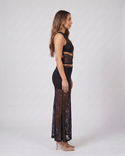 Side view of black high neck lace cutout maxi set