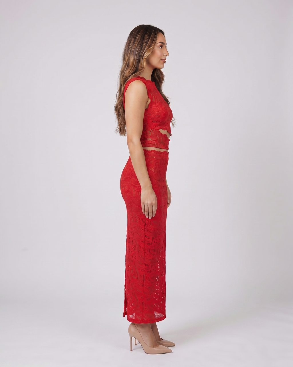 Side view of red high neck lace cutout maxi set