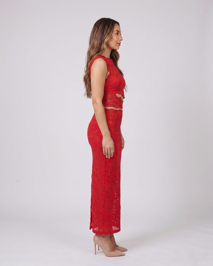 Side view of red high neck lace cutout maxi set