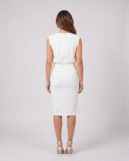Back view of white keyhole neck ruched side midi dress showing solid back