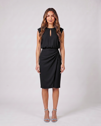 black keyhole neck ruched side midi dress front view