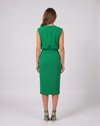 Back view of green keyhole neck ruched side midi dress showing solid back
