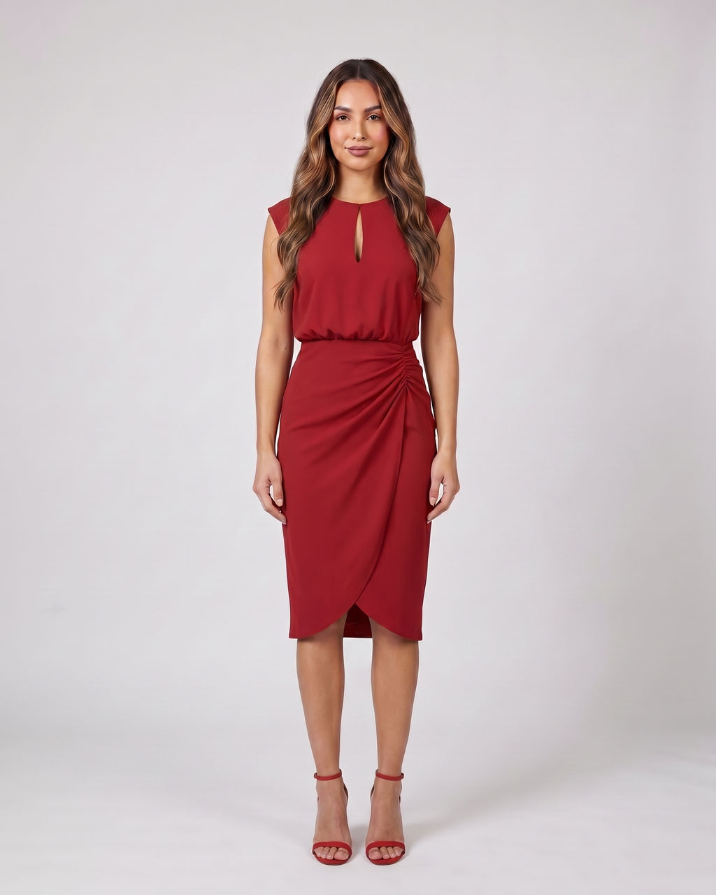 red keyhole neck ruched side midi dress front view