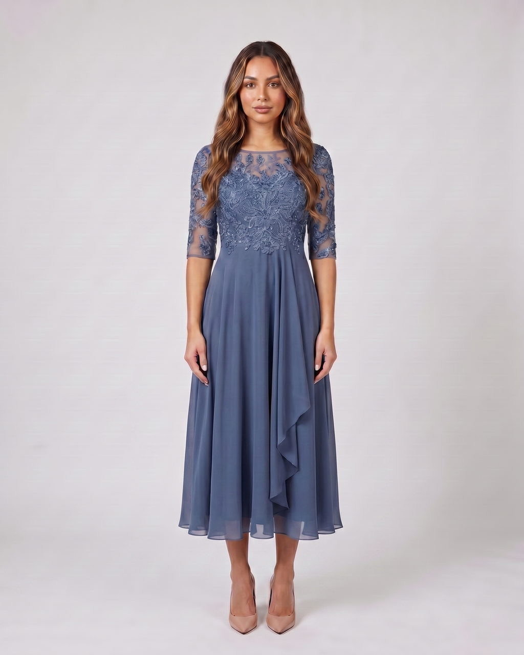 blue lace 3/4 sleeve round neck midi dress front view with intricate floral and scrollwork lace and beaded details