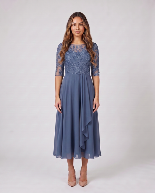 blue lace 3/4 sleeve round neck midi dress front view with intricate floral and scrollwork lace and beaded details