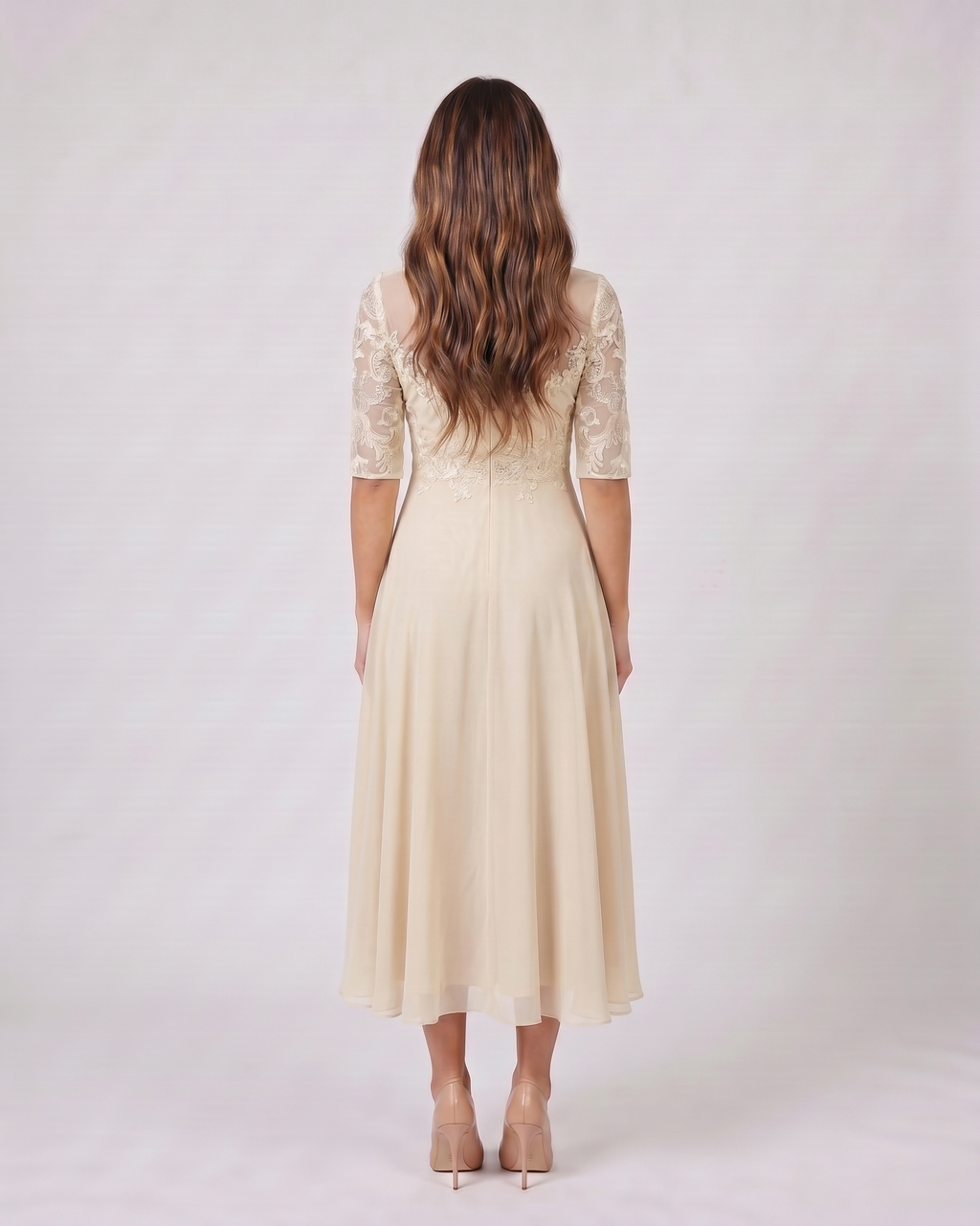 lace midi dress sleeves Women Lace 3/4 Sleeve Round Neck Midi Dress – Kylies Studio