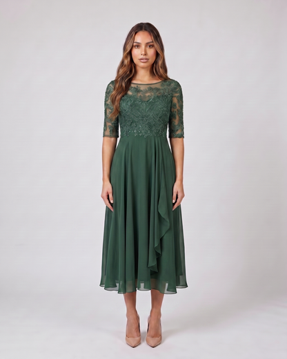 green lace 3/4 sleeve round neck midi dress front view with intricate floral and scrollwork lace and beaded details