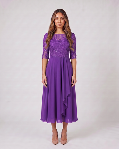 purple lace 3/4 sleeve round neck midi dress front view with intricate floral and scrollwork lace and beaded details