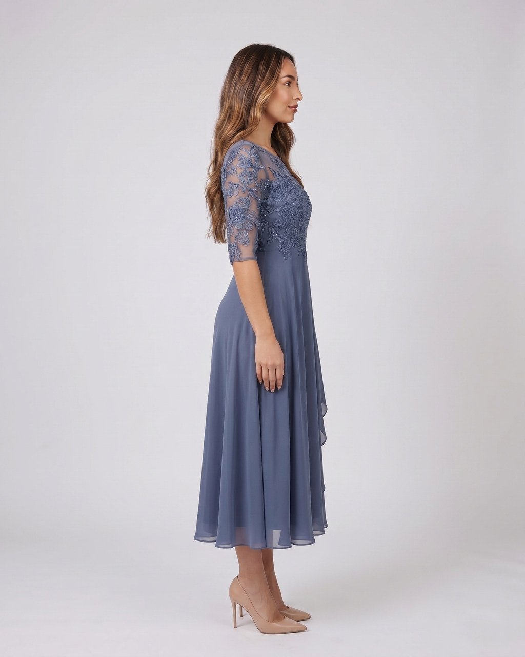 Side view of blue lace 3/4 sleeve round neck midi dress