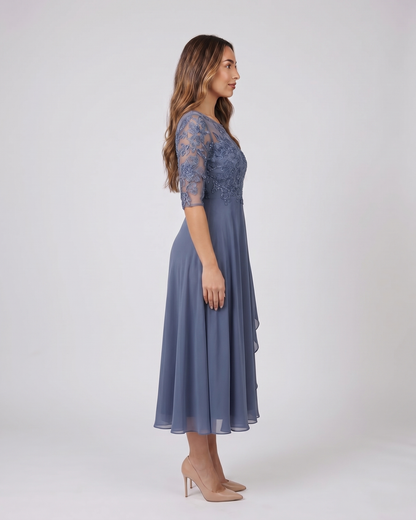 Side view of blue lace 3/4 sleeve round neck midi dress
