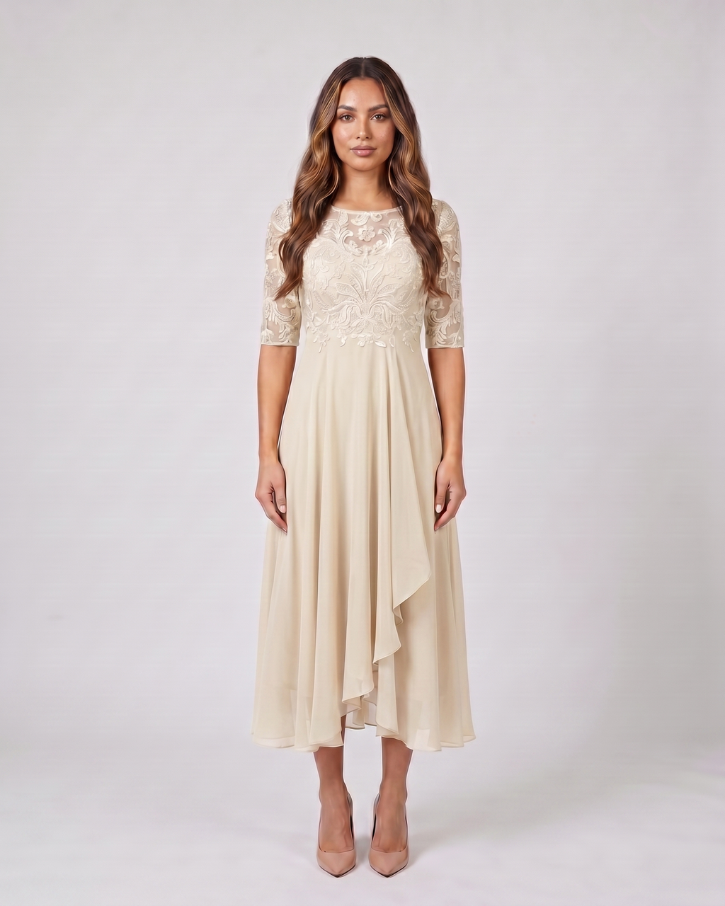 cream lace 3/4 sleeve round neck midi dress front view with intricate floral and scrollwork lace and beaded details