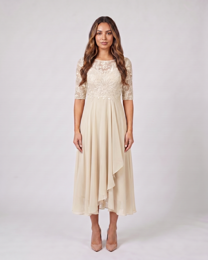 cream lace 3/4 sleeve round neck midi dress front view with intricate floral and scrollwork lace and beaded details
