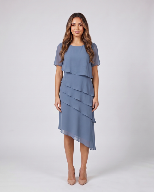 blue layered ruffled flutter sleeve midi dress front view