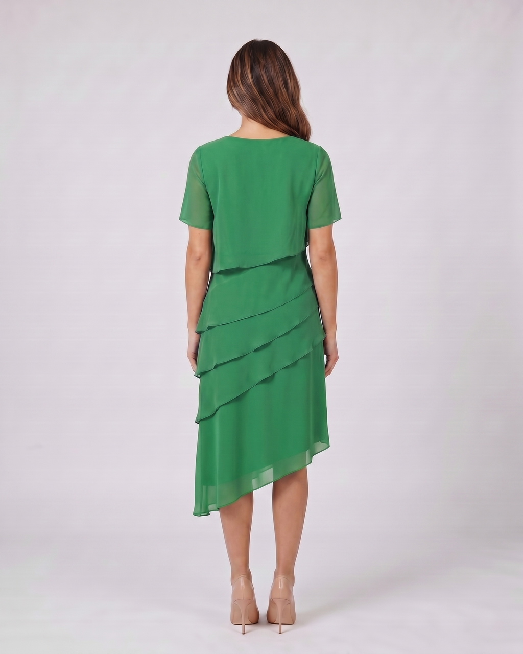 Back view of green layered ruffled flutter sleeve midi dress showing solid back