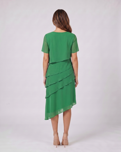 Back view of green layered ruffled flutter sleeve midi dress showing solid back
